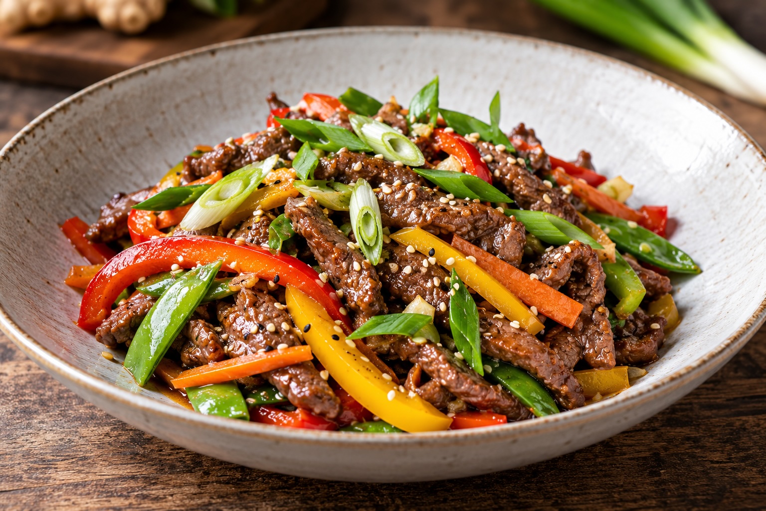 15-Minuten-Beef-Wok mit Rindfleisch, Gemüse und Sesam